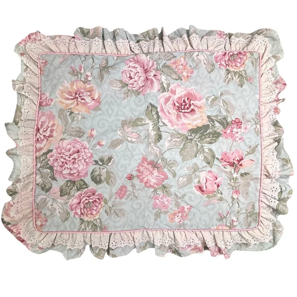 Glynda Turley Vintage Floral Pillow Sham Pink Rose Eyelet Lace Ruffle Set of 2
